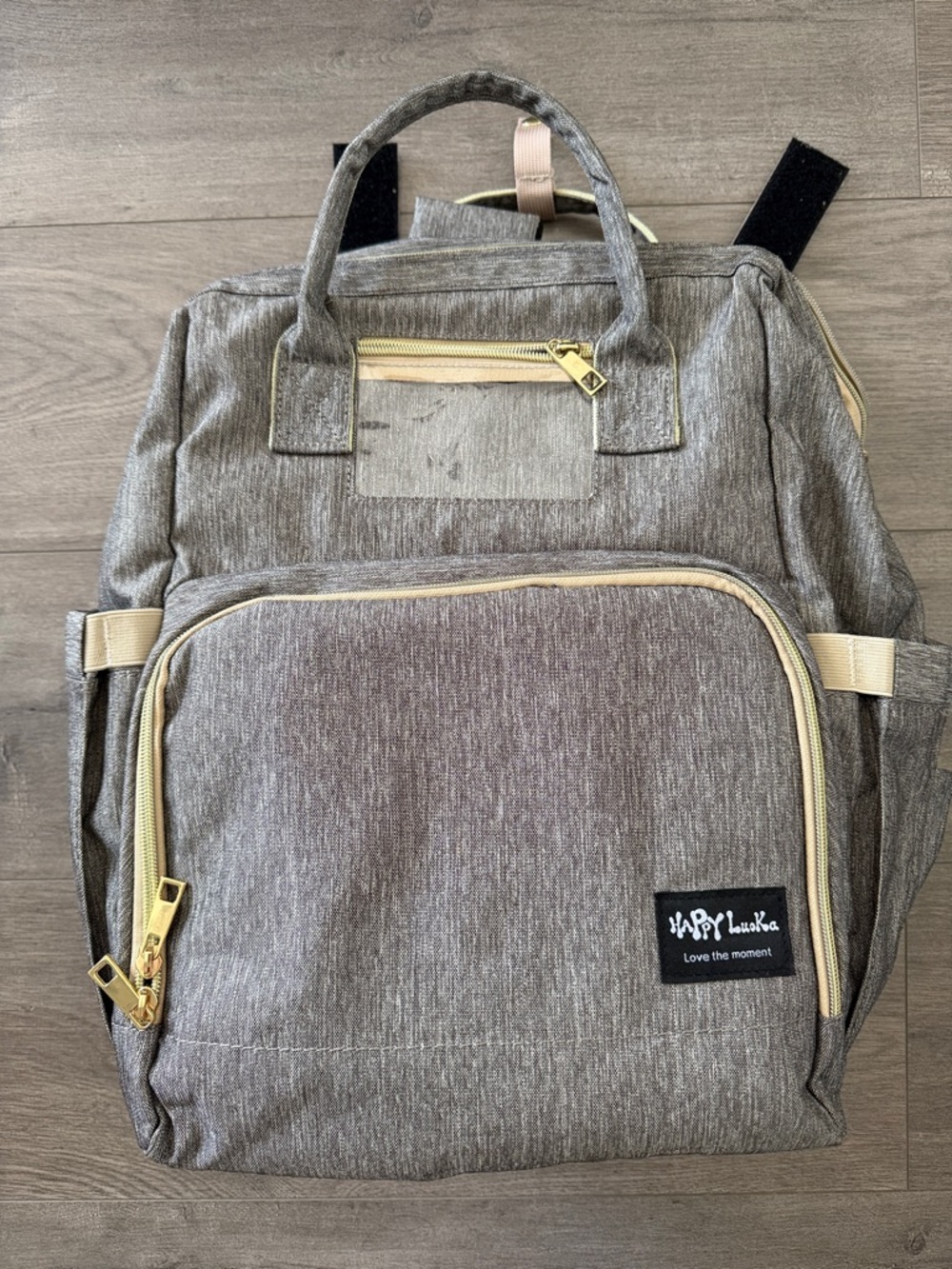Baby expandable changing pad diaper bag Gray Backpack with Gold Zippers